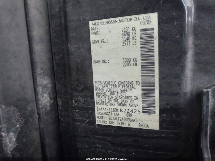 2009 Nissan Maxima 3.5 Sv VIN: 1N4AA51E69C822425 Lot: 43758603