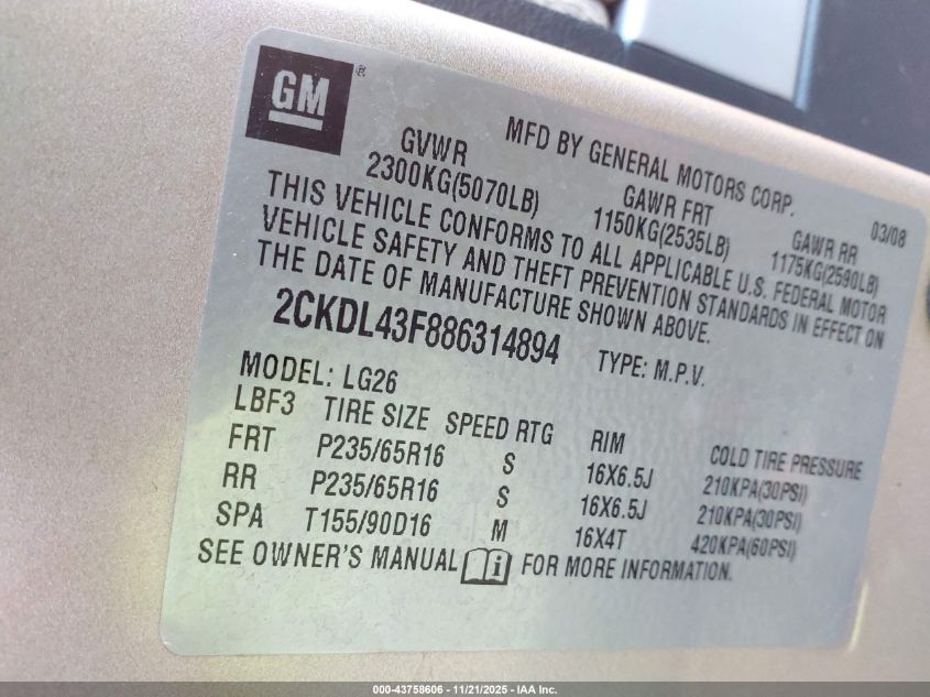 2008 Pontiac Torrent VIN: 2CKDL43F886314894 Lot: 43758606