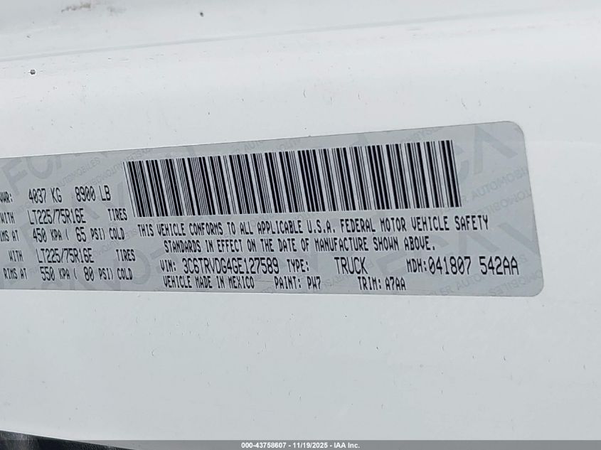 2016 Ram Promaster 2500 High Roof VIN: 3C6TRVDG4GE127589 Lot: 43758607