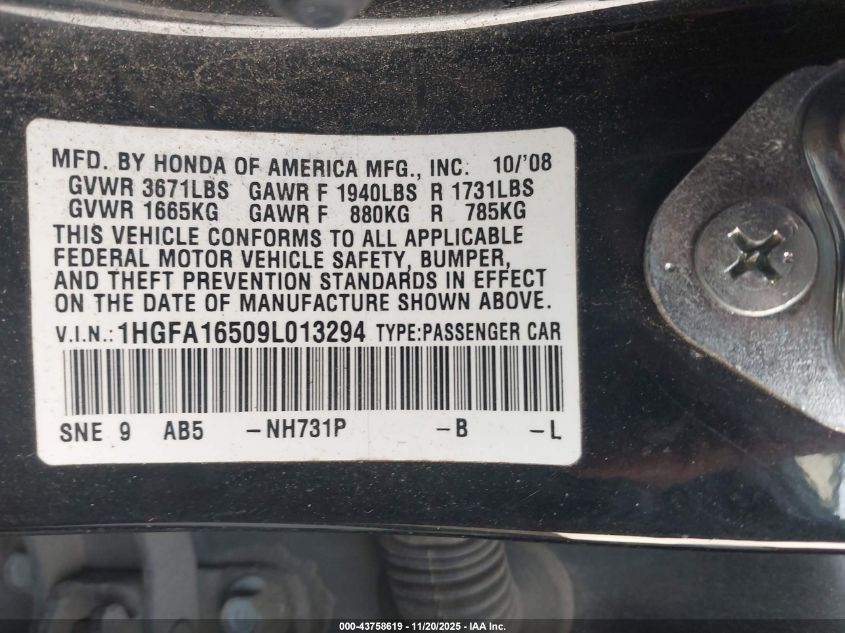 2009 Honda Civic Lx VIN: 1HGFA16509L013294 Lot: 43758619