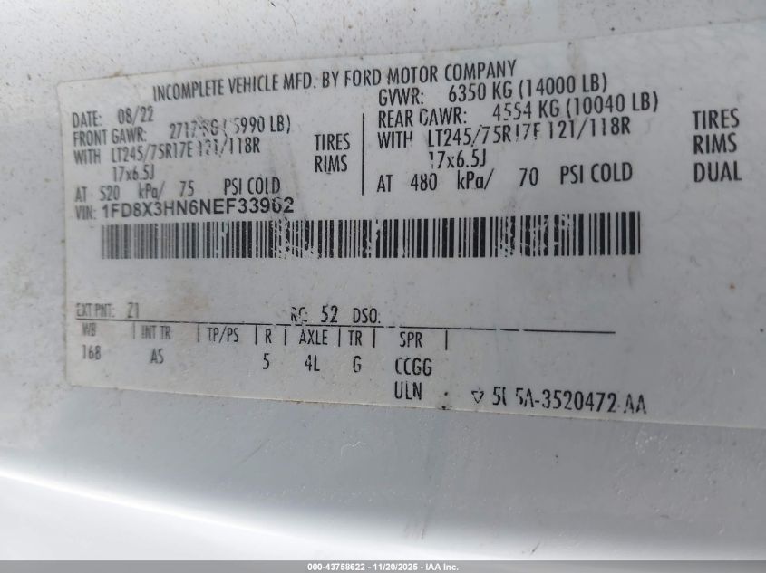 2022 Ford F-350 Chassis Xl VIN: 1FD8X3HN6NEF33962 Lot: 43758622