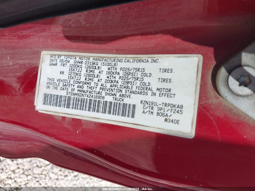 2004 Toyota Tacoma Prerunner VIN: 5TENM92N74Z418908 Lot: 43758631