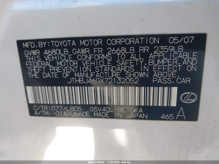 JTHBJ46GX72132052 2007 LEXUS ES photo no. 9