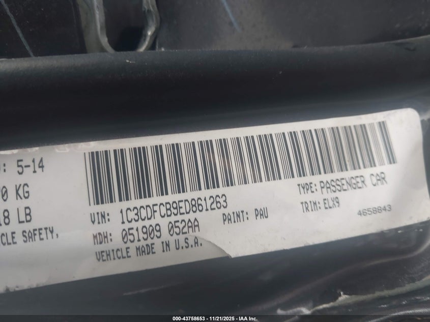 2014 Dodge Dart Limited VIN: 1C3CDFCB9ED861263 Lot: 43758653