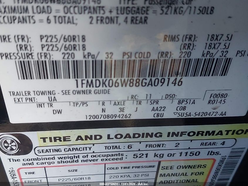 2008 Ford Taurus X Limited VIN: 1FMDK06W88GA09146 Lot: 43758655