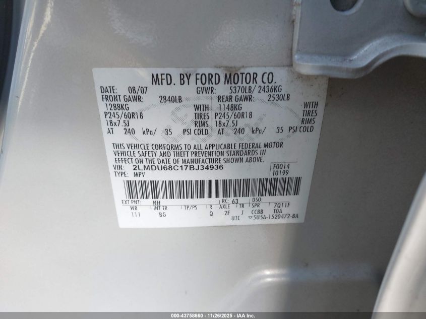 2007 Lincoln Mkx VIN: 2LMDU68C17BJ34936 Lot: 43758660