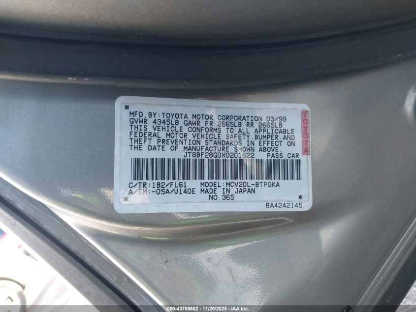 1999 Lexus Es 300 VIN: JT8BF28G0X0201622 Lot: 43758662