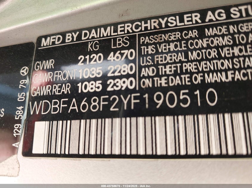 2000 Mercedes-Benz Sl 500 VIN: WDBFA68F2YF190510 Lot: 43758670