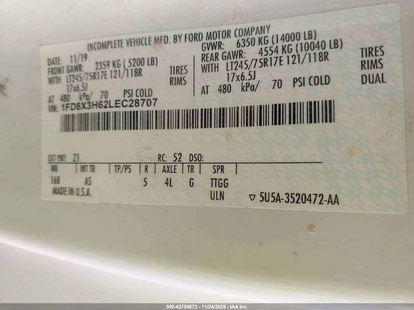 2020 Ford F-350 Chassis Xl VIN: 1FD8X3H62LEC28707 Lot: 43758673