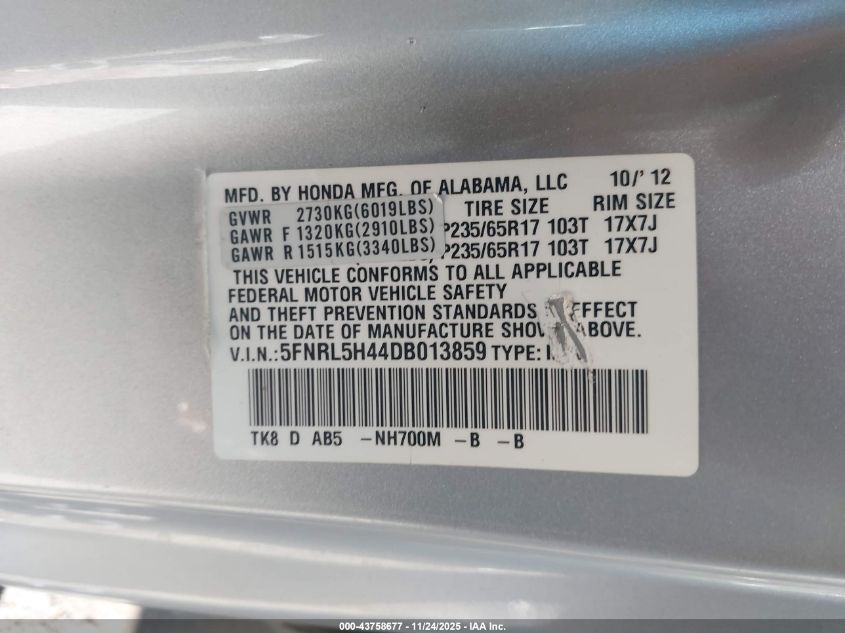 2013 Honda Odyssey Ex VIN: 5FNRL5H44DB013859 Lot: 43758677