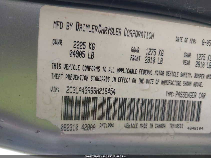 2006 Chrysler 300 VIN: 2C3LA43R86H219454 Lot: 43758687