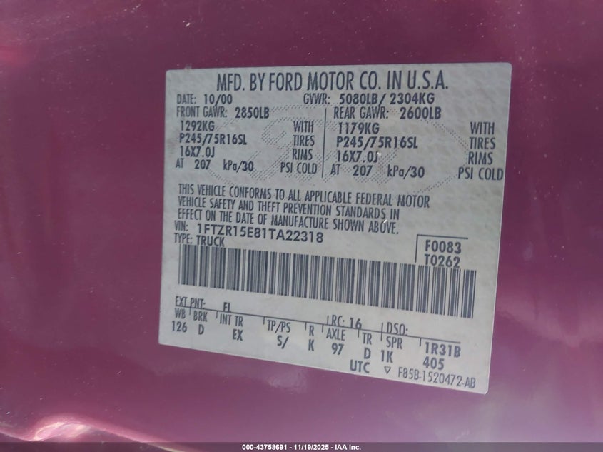 2001 Ford Ranger Edge/Xlt VIN: 1FTZR15E81TA22318 Lot: 43758691