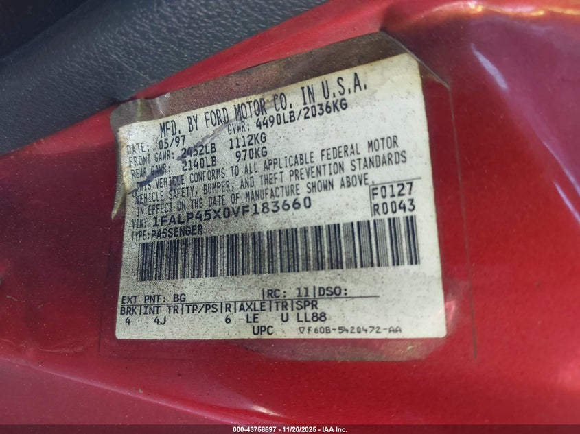 1997 Ford Mustang Gt VIN: 1FALP45X0VF183660 Lot: 43758697