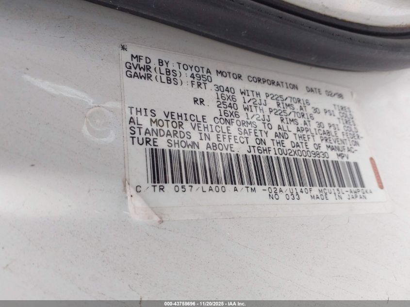 1999 Lexus Rx 300 VIN: JT6HF10U2X0009830 Lot: 43758696