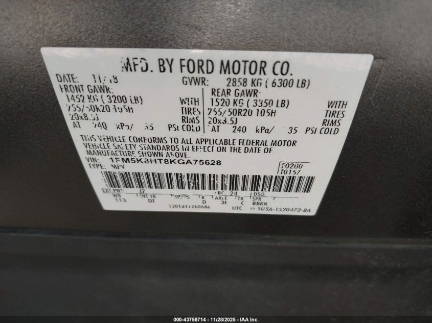 2019 Ford Explorer Platinum VIN: 1FM5K8HT8KGA75628 Lot: 43758714