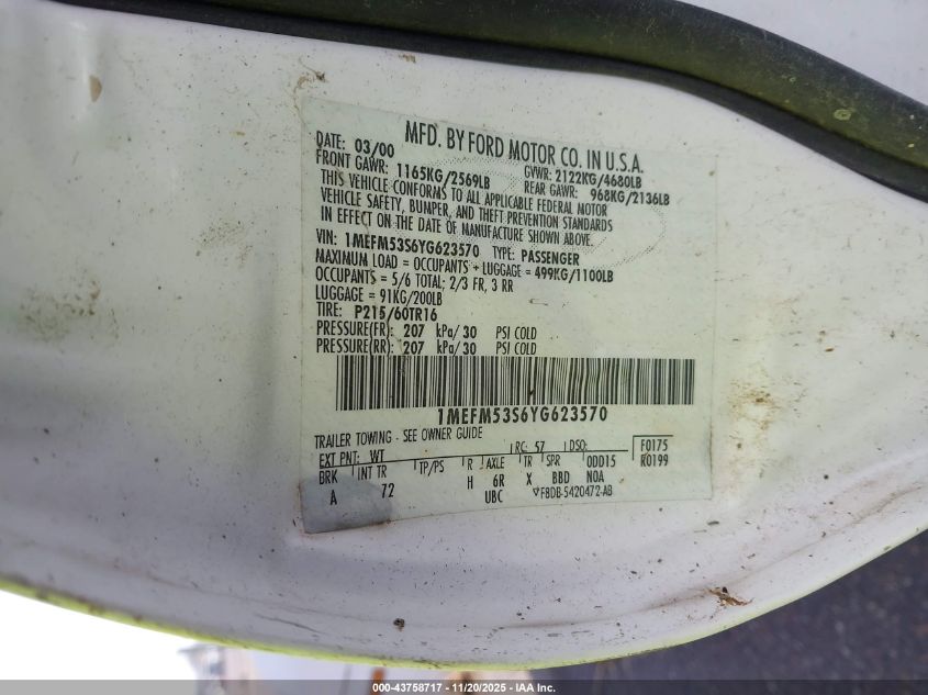 2000 Mercury Sable Ls VIN: 1MEFM53S6YG623570 Lot: 43758717