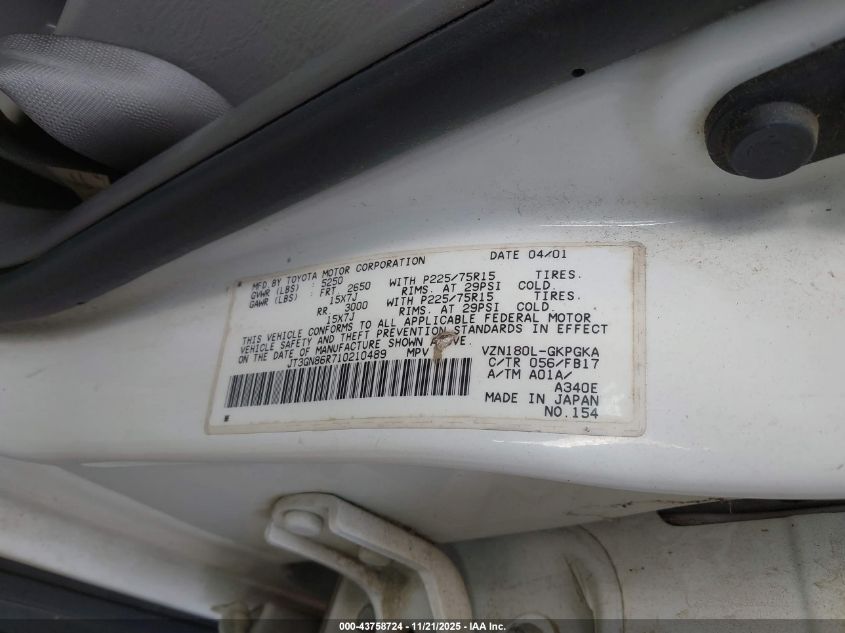 2001 Toyota 4Runner Sr5 V6 VIN: JT3GN86R710210489 Lot: 43758724