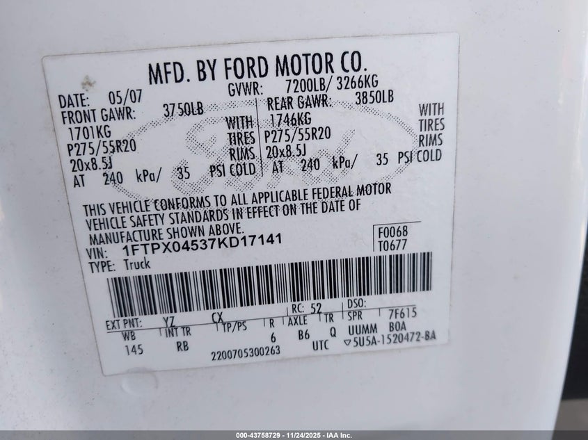 2007 Ford F-150 Fx4/Xlt VIN: 1FTPX04537KD17141 Lot: 43758729