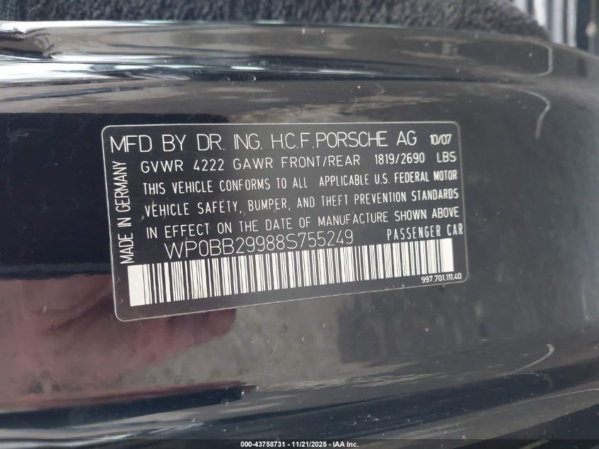 2008 Porsche 911 Targa 4S VIN: WP0BB29988S755249 Lot: 43758731