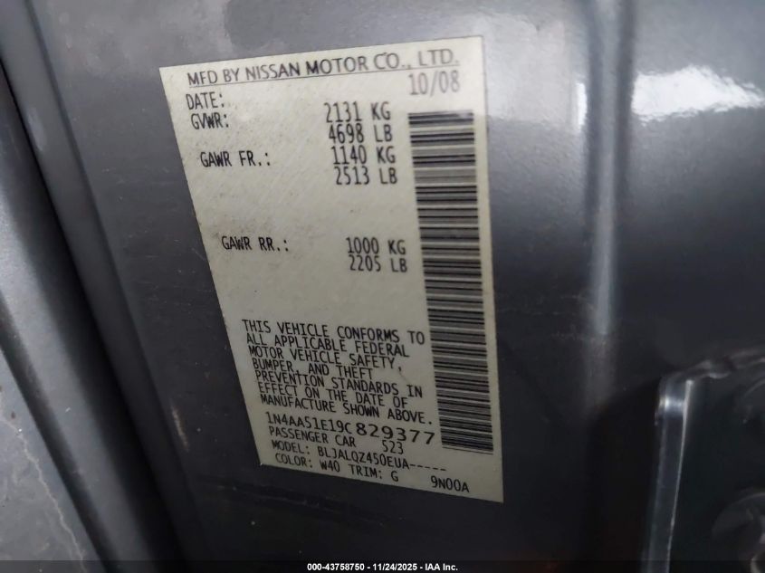 2009 Nissan Maxima 3.5 S VIN: 1N4AA51E19C829377 Lot: 43758750