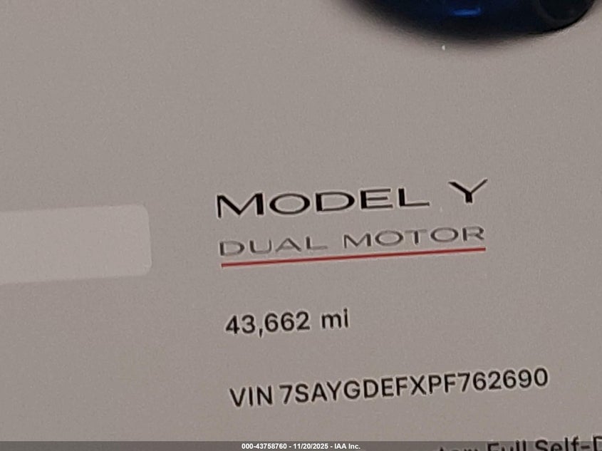 2023 Tesla Model Y Performance Dual Motor All-Wheel Drive VIN: 7SAYGDEFXPF762690 Lot: 43758760