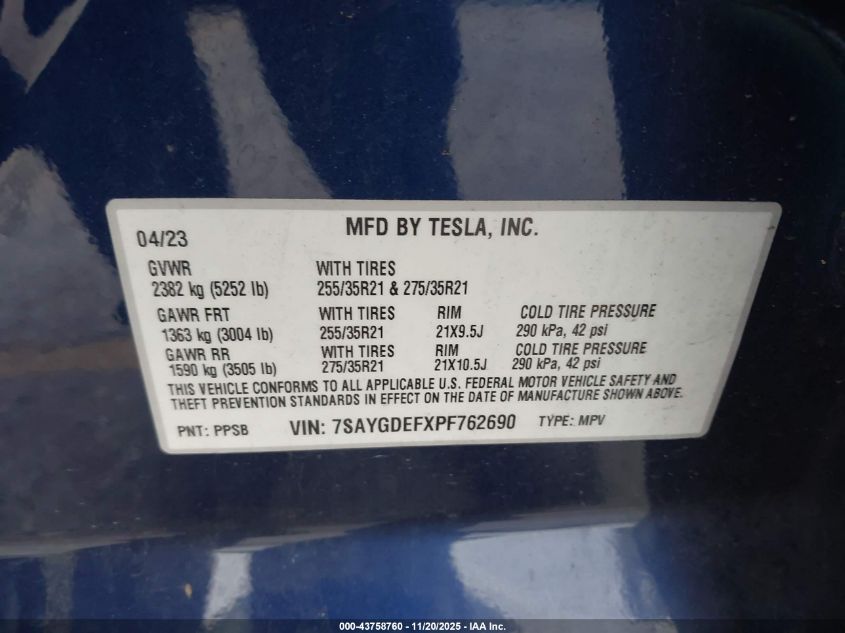 2023 Tesla Model Y Performance Dual Motor All-Wheel Drive VIN: 7SAYGDEFXPF762690 Lot: 43758760