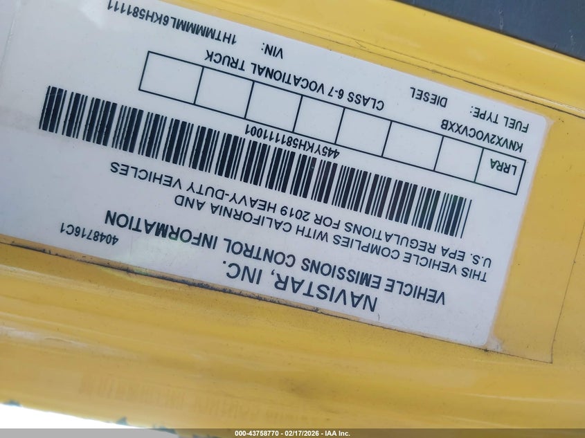 2019 International Durastar 4300 yellow Lot 111043758770 Vin 1HTMMMML6KH581111