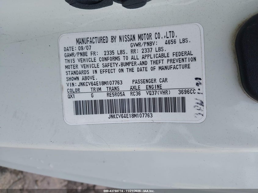 2008 Infiniti G37 Journey VIN: JNKCV64E18M107763 Lot: 43758774