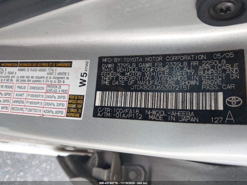 2005 Toyota Prius VIN: JTDKB20U653072151 Lot: 43758776