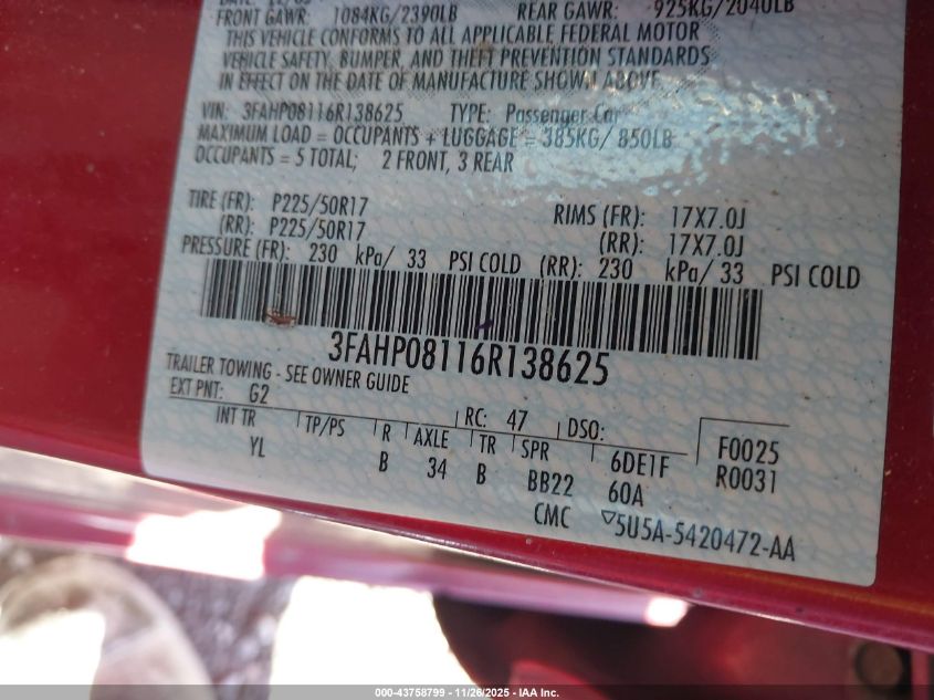 2006 Ford Fusion Sel VIN: 3FAHP08116R138625 Lot: 43758799