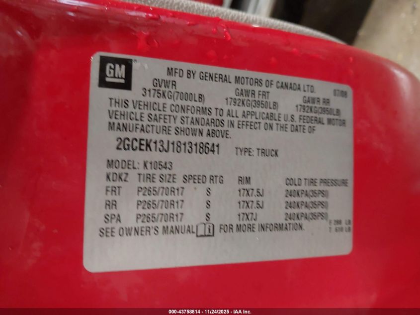 2008 Chevrolet Silverado 1500 Lt1 VIN: 2GCEK13J181318641 Lot: 43758814