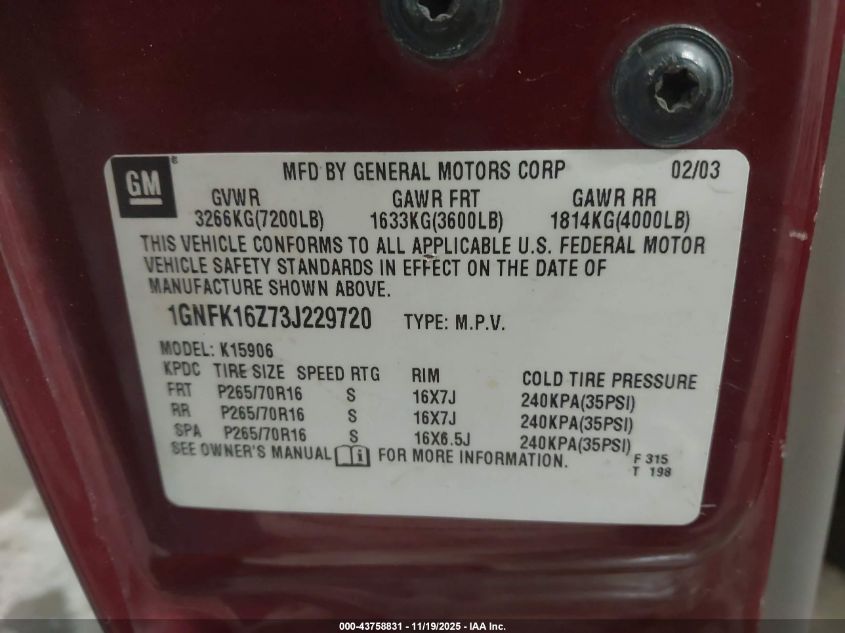 2003 Chevrolet Suburban K1500 VIN: 1GNFK16Z73J229720 Lot: 43758831