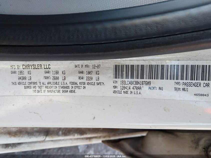 2008 Dodge Avenger Se VIN: 1B3LC46K38N187609 Lot: 43758829