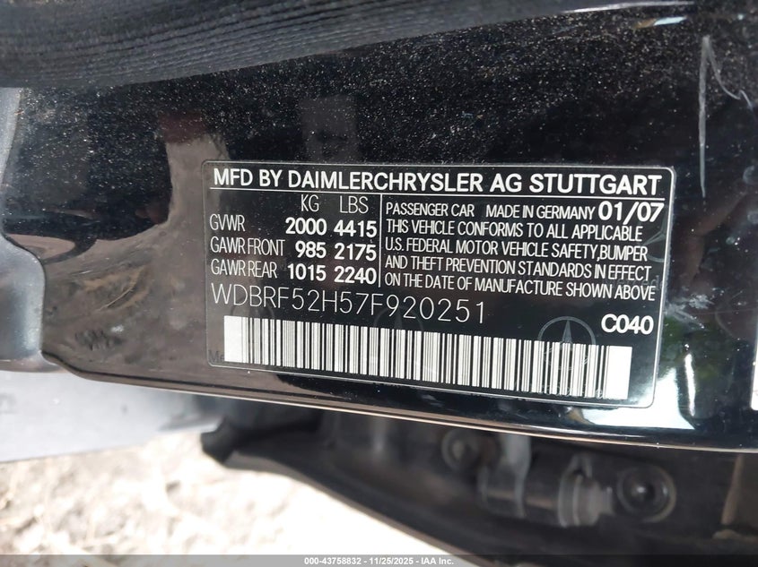 2007 Mercedes-Benz C 230 Sport VIN: WDBRF52H57F920251 Lot: 43758832