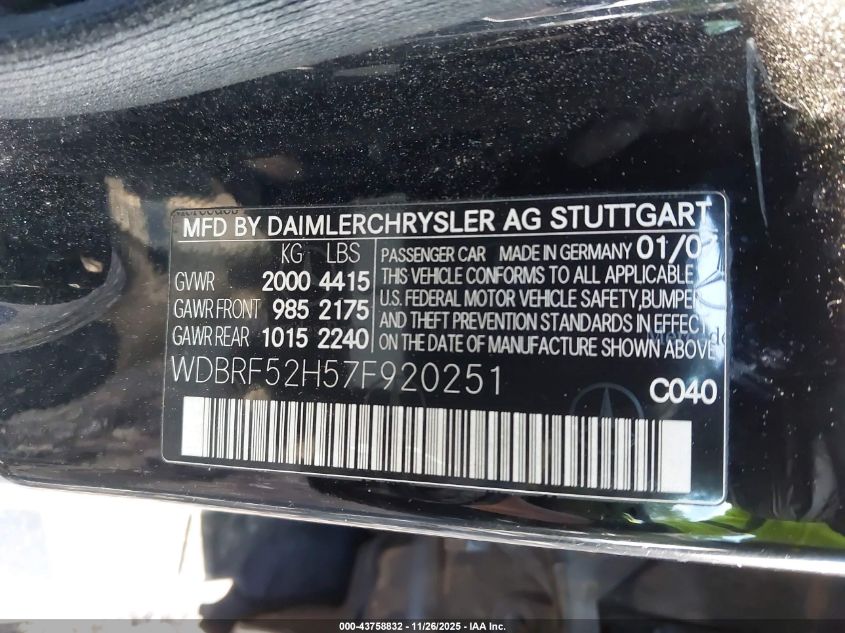 2007 Mercedes-Benz C 230 Sport VIN: WDBRF52H57F920251 Lot: 43758832