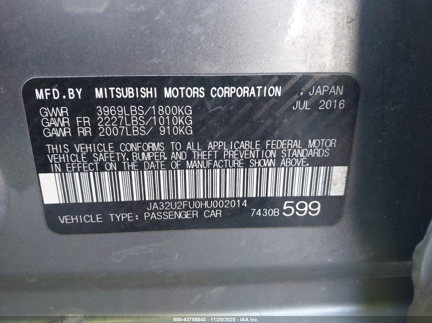 2017 Mitsubishi Lancer Es/Le VIN: JA32U2FU0HU002014 Lot: 43758840