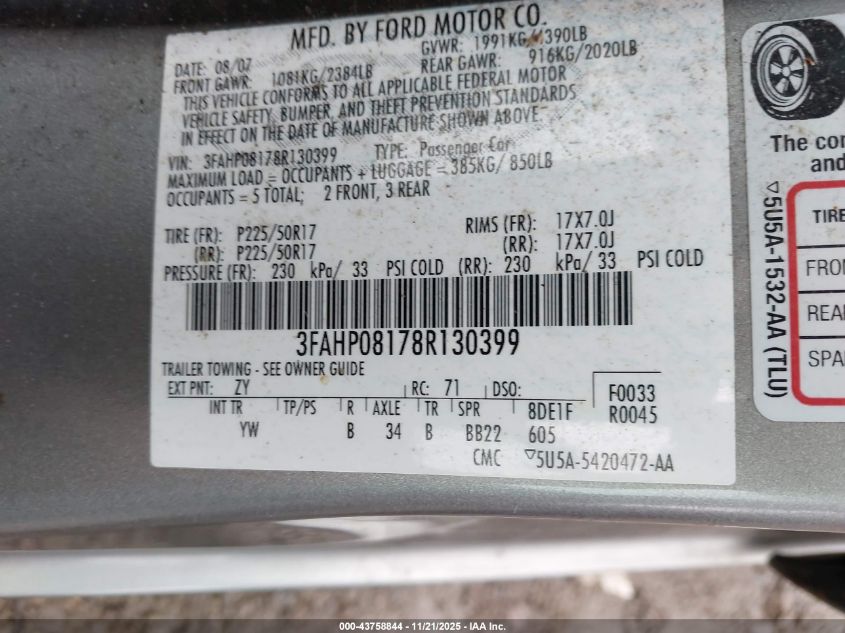 2008 Ford Fusion Sel VIN: 3FAHP08178R130399 Lot: 43758844