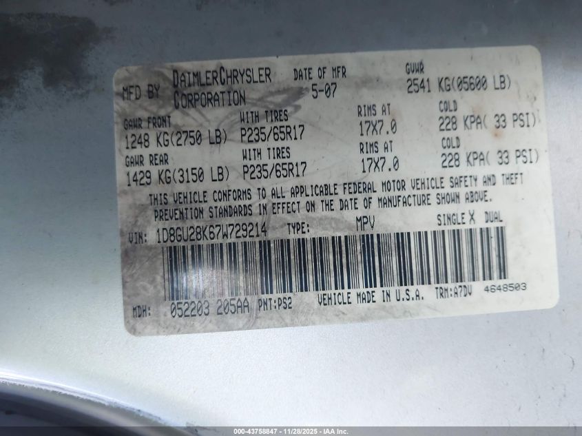 2007 Dodge Nitro Sxt VIN: 1D8GU28K67W729214 Lot: 43758847