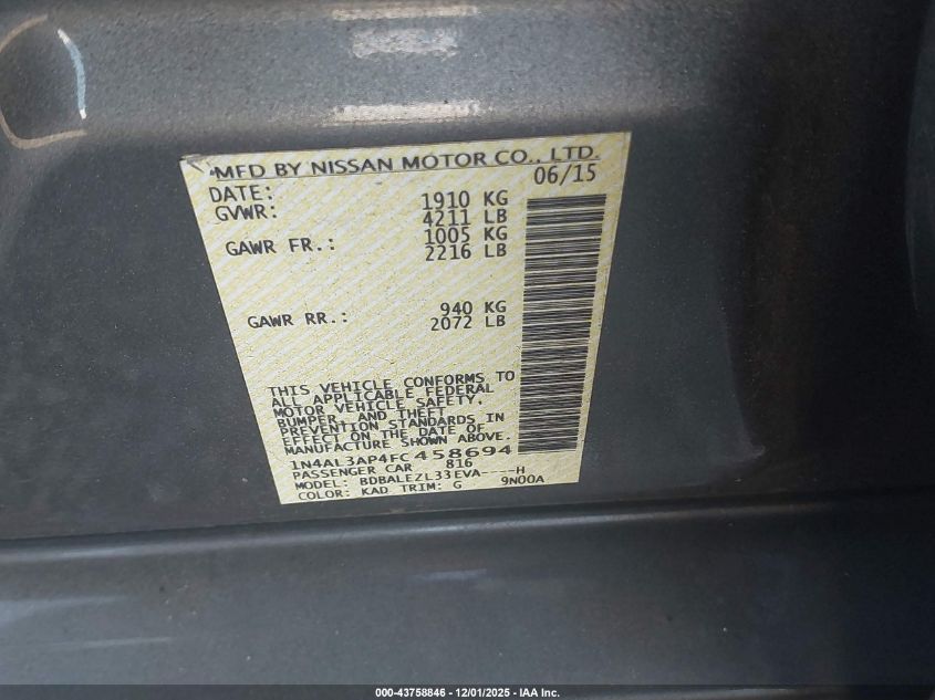 2015 Nissan Altima 2.5 S VIN: 1N4AL3AP4FC458694 Lot: 43758846