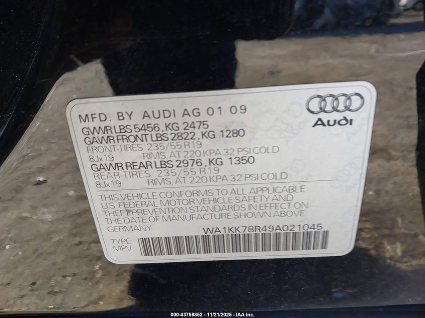 2009 Audi Q5 3.2 Premium VIN: WA1KK78R49A021045 Lot: 43758852