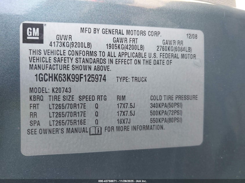 2009 Chevrolet Silverado 2500Hd Ltz VIN: 1GCHK63K99F125974 Lot: 43758871