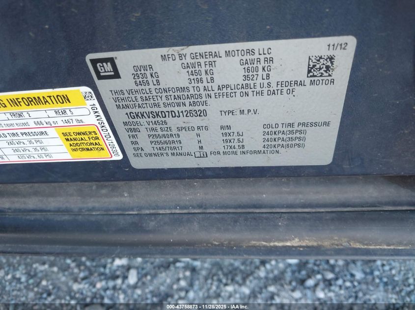 2013 GMC Acadia Slt-2 VIN: 1GKKVSKD7DJ126320 Lot: 43758873