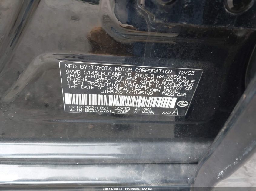 2004 Lexus Ls 430 VIN: JTHBN36F440145182 Lot: 43758874
