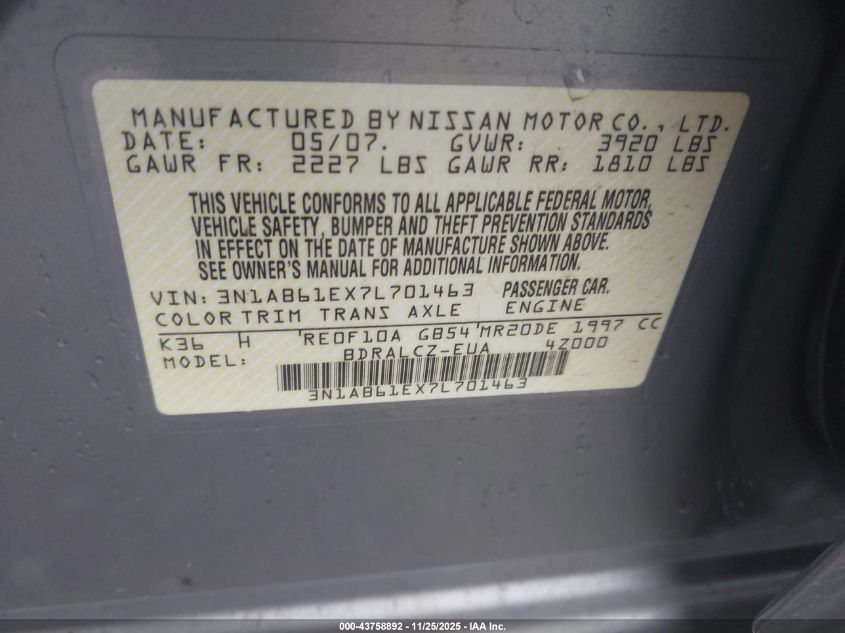 2007 Nissan Sentra 2.0 VIN: 3N1AB61EX7L701463 Lot: 43758892