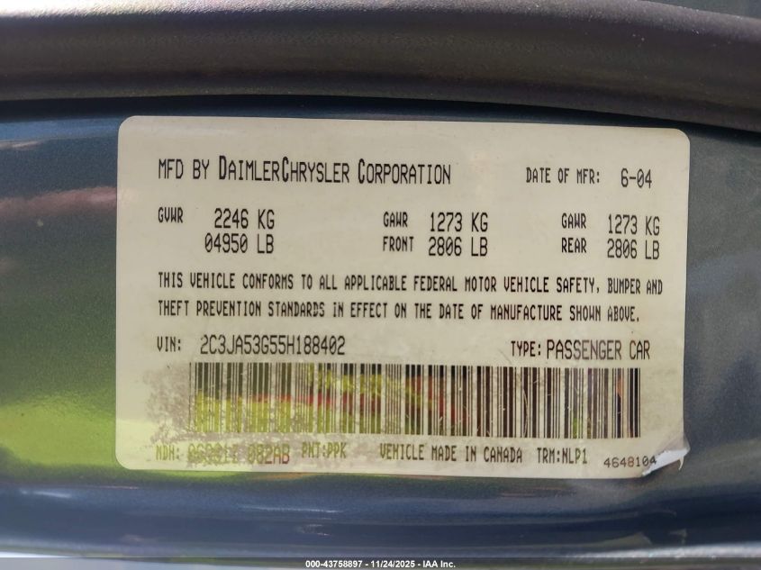 2005 Chrysler 300 Touring VIN: 2C3JA53G55H188402 Lot: 43758897