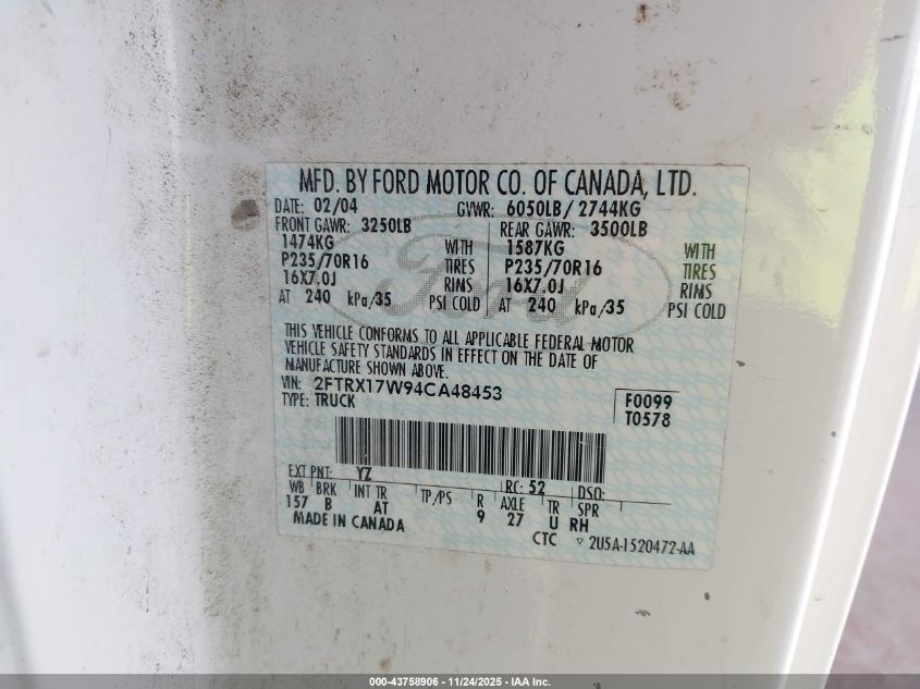 2004 Ford F-150 Heritage Xl/Xlt VIN: 2FTRX17W94CA48453 Lot: 43758906