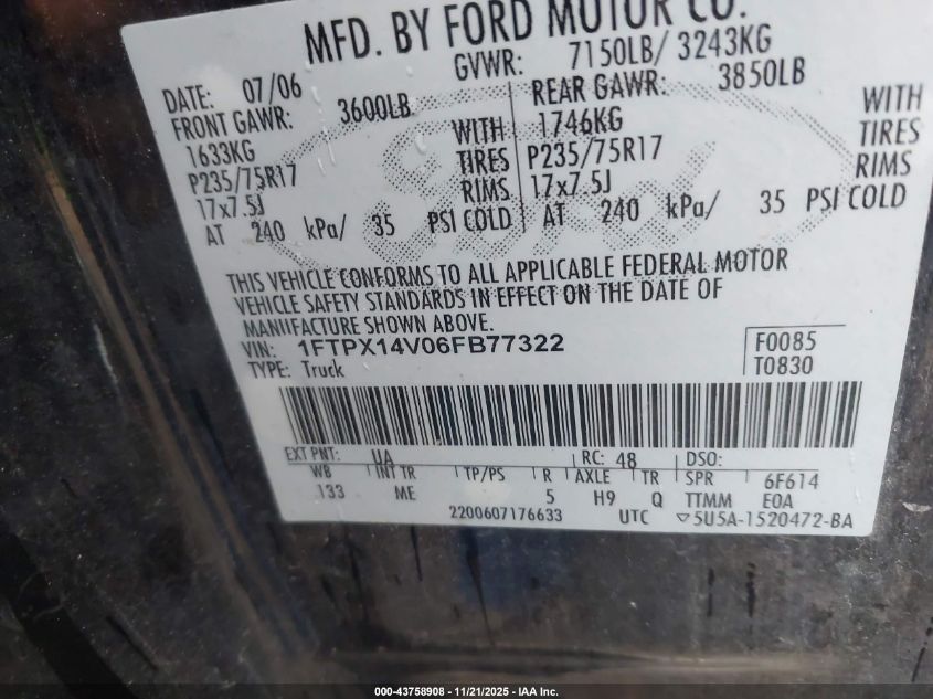 2006 Ford F-150 Fx4/Lariat/Xl/Xlt VIN: 1FTPX14V06FB77322 Lot: 43758908