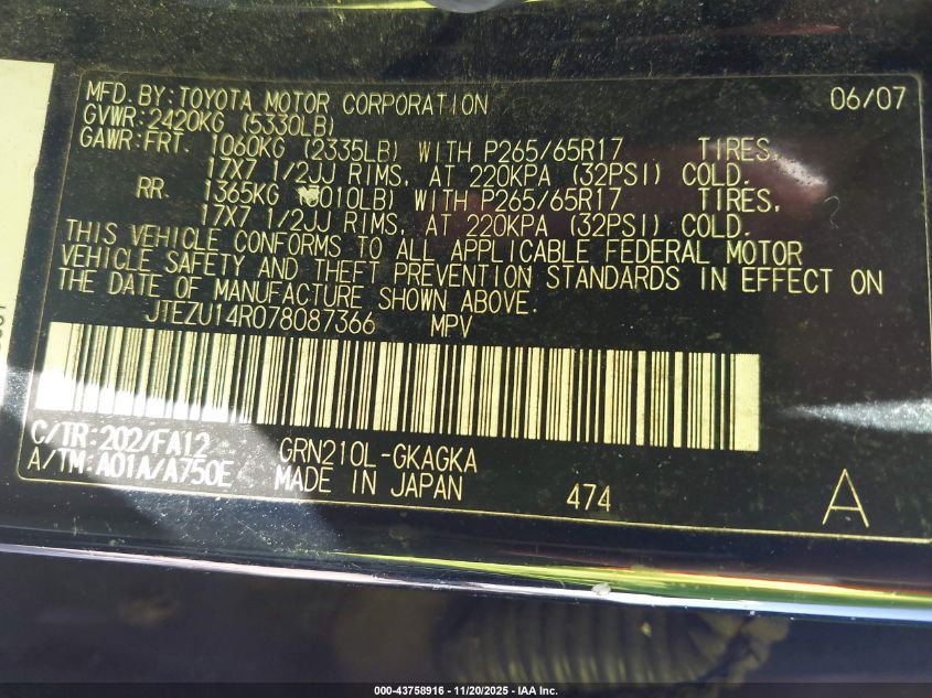 2007 Toyota 4Runner Sr5 V6 VIN: JTEZU14R078087366 Lot: 43758916