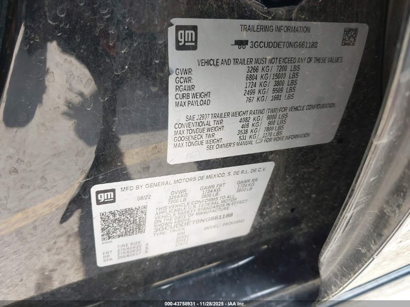 2022 Chevrolet Silverado 1500 4Wd Standard Bed Lt VIN: 3GCUDDET0NG661188 Lot: 43758931