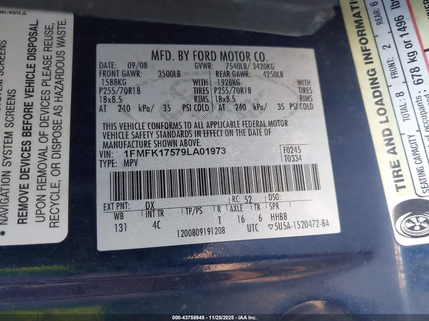 2009 Ford Expedition El Eddie Bauer/King Ranch VIN: 1FMFK17579LA01973 Lot: 43758948